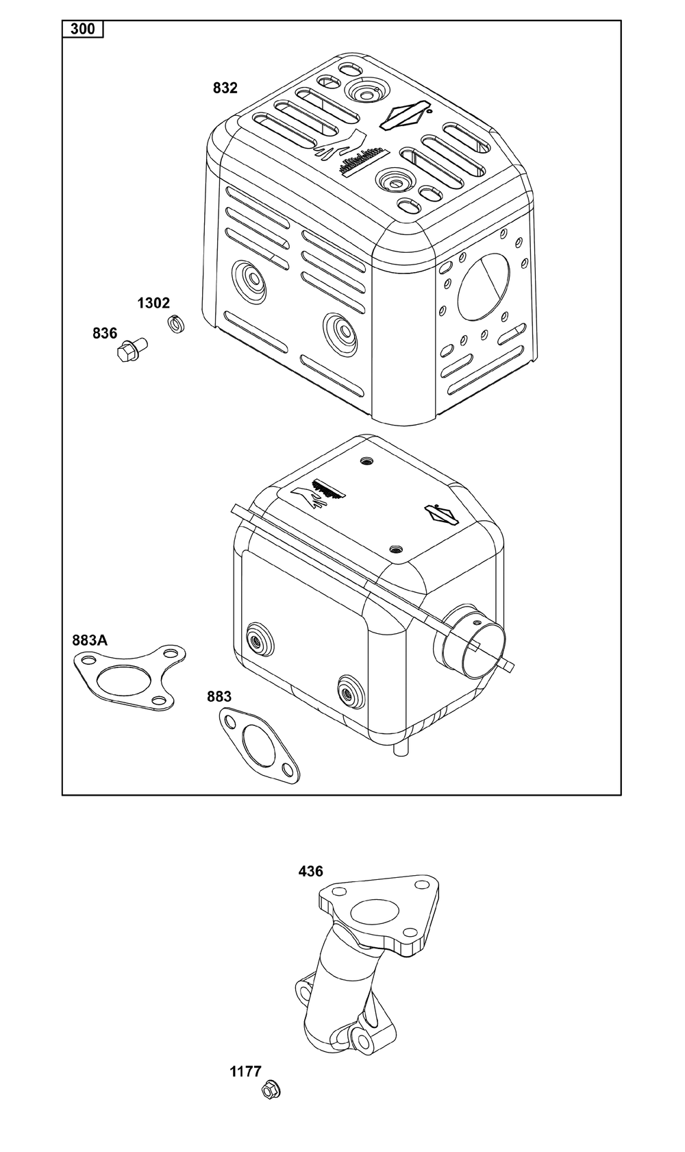 Exhaust Group Diagram and Parts List for 19N132-0223-F1 100000 - 19Z999 Briggs and Stratton Engine